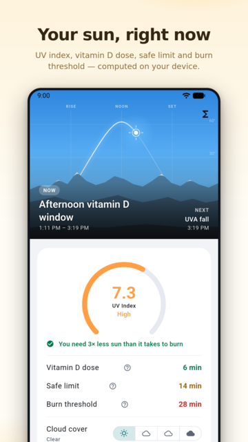 Today screen: the sun's arc over the mountains, UV index 7.3, vitamin D dose, safe limit and burn threshold