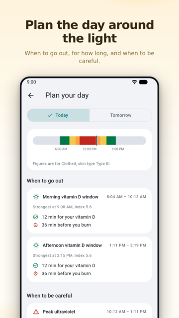 Plan your day: morning and afternoon vitamin D windows, and the peak ultraviolet hours to be careful in
